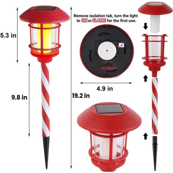 6 Pack Christmas Solar Torch Lights , Flickering Flame Torch Candy Cane Marker - Picture 2 of 7